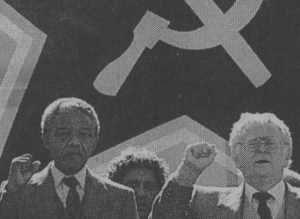 Nelson Mandela and Joe Slovo give the clenched fist salute in front of the blood-drenched Hammer and Sickle flag of Bolshevism. Slovo, a Yiddish-speaking Lithuanian 'Jew,' was Secretary General of the South African Communist Party and director of the military wing of the ANC, which perpetrated numerous terror bombings against white civilians.
